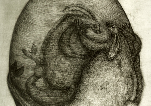 Rabbits in egg, Art print, dry etching, 2011, 35×50 cm