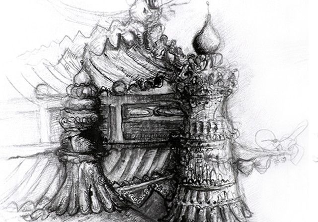 Tibetan temples, Illustrations, indain ink and pen, 2008